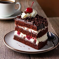 Delicious Black Forest gateau cake with cherries and chocolate shavings tempting dessert lovers