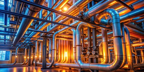 Intricate network of tubes illuminated by soft orange and blue glow, forming a mesmerizing pattern of light and color , industrial, infrastructure
