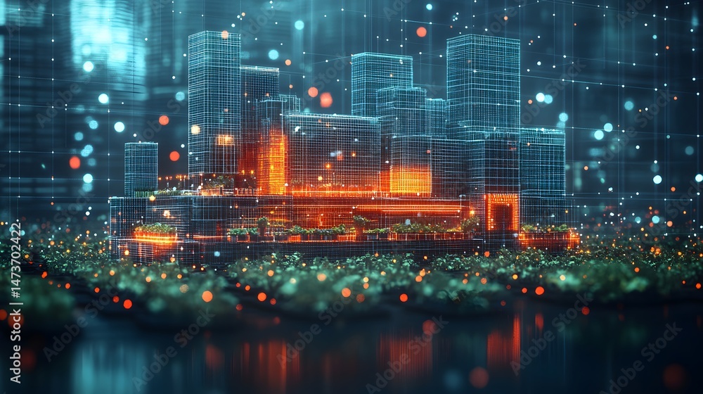 Aufkleber futuristic cityscape with glowing wireframe buildings reflects on water. vibrant blue structures mee