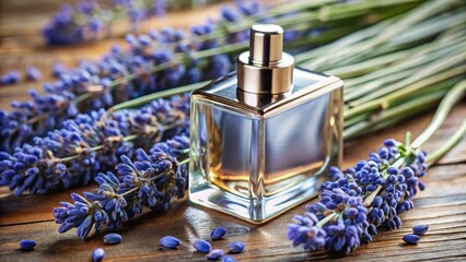 A close-up of a metallic spray perfume bottle with a blue lavender herb framed on its side , decoration, metallic