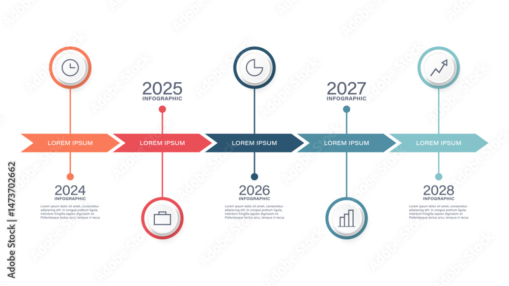 Poster timeline infographic design template with icons and years. five processes or steps. the path to succ