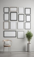 Fototapeta premium Modern gallery wall mockup Various sized frames, minimalist style, white wall , showcase, apartment, interior design