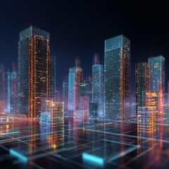 Futuristic cityscape with holographic buildings, glowing grids, and digital data visualization.
