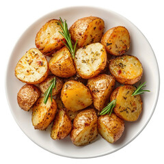 Crispy roasted potatoes in white dish. Top view