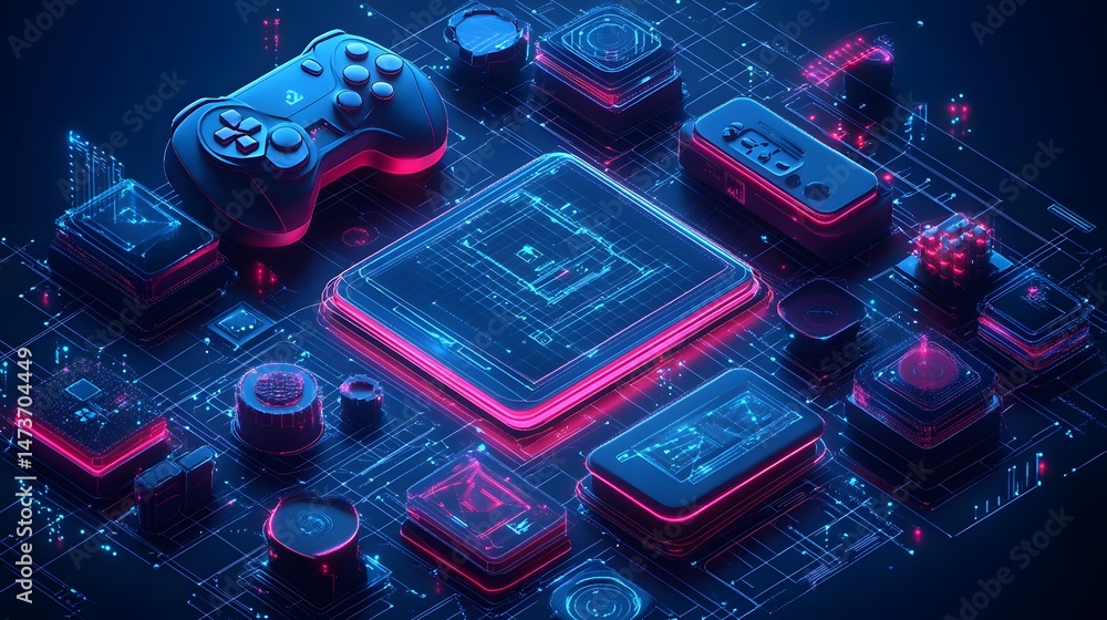 Aufkleber futuristic tech scene featuring game controller, tablet, remote, and abstract tech elements. neon li