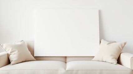 Blank canvas mockup above a beige sofa with cushions in a minimalist interior