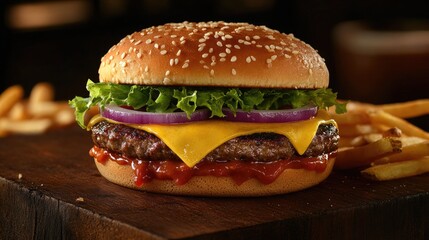 Delicious cheeseburger with french fries.  Juicy patty, melted cheese, crisp lettuce, and onions atop a toasted bun. Served with golden-brown, crispy fries