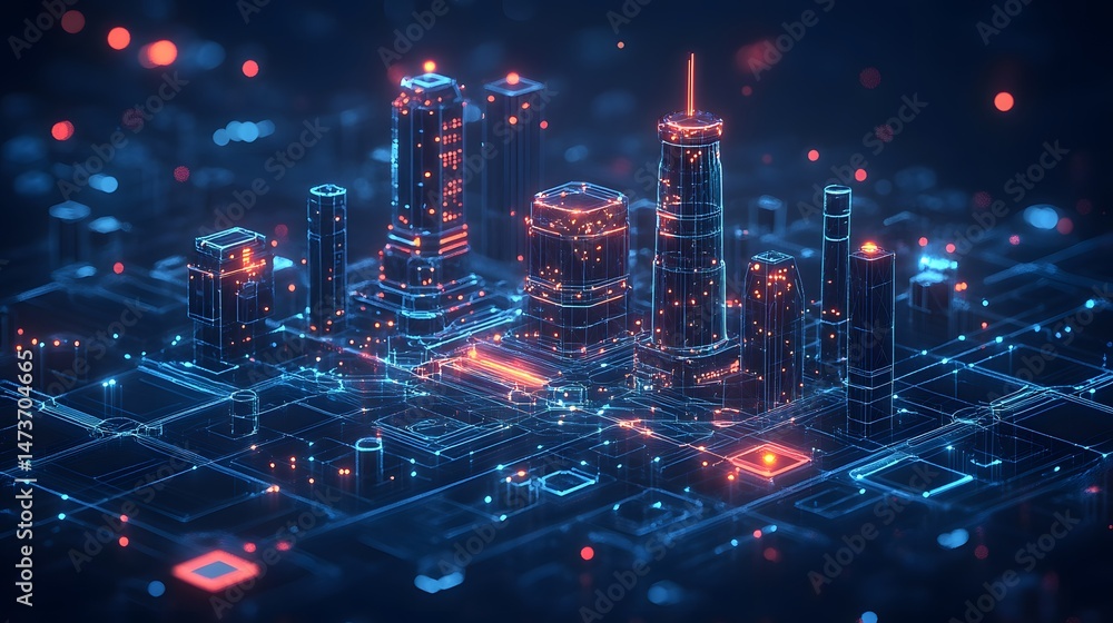 Aufkleber Futuristic cityscape with holographic buildings and glowing data networks. A digitally advanced metropolis comes to life with vibrant lights. Abstract wireframe in dark blue.