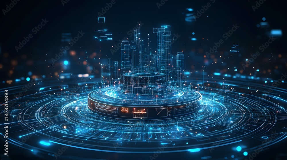 Aufkleber futuristic tech landscape featuring a glowing platform and digital cityscape. data flows through net