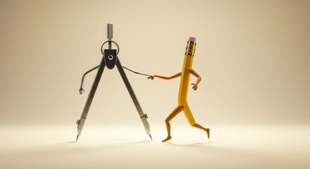 Animated pencil and compass holding hands against a neutral background  
