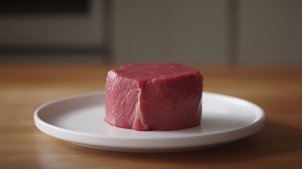 Juicy fillet steak on a white plate, warm tones and soft textures, a delicious culinary moment.
