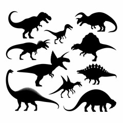 Obraz premium Collection of black dinosaur silhouettes featuring various species in bold prehistoric poses on white background