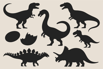 black dinosaur silhouettes with eggs showing various species in simple bold prehistoric style design