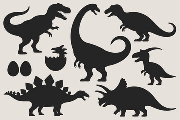 Set of black dinosaur silhouettes with eggs showing various species in simple bold prehistoric style design