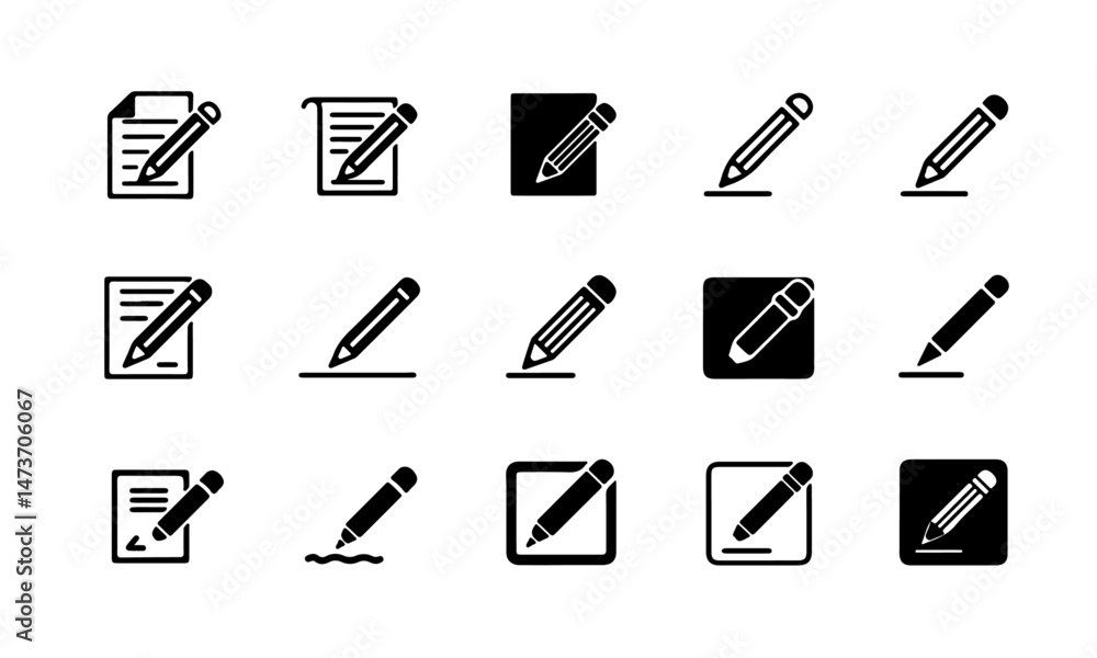 Poster black edit document icons set representing editing documents, featuring pencils interacting with pap