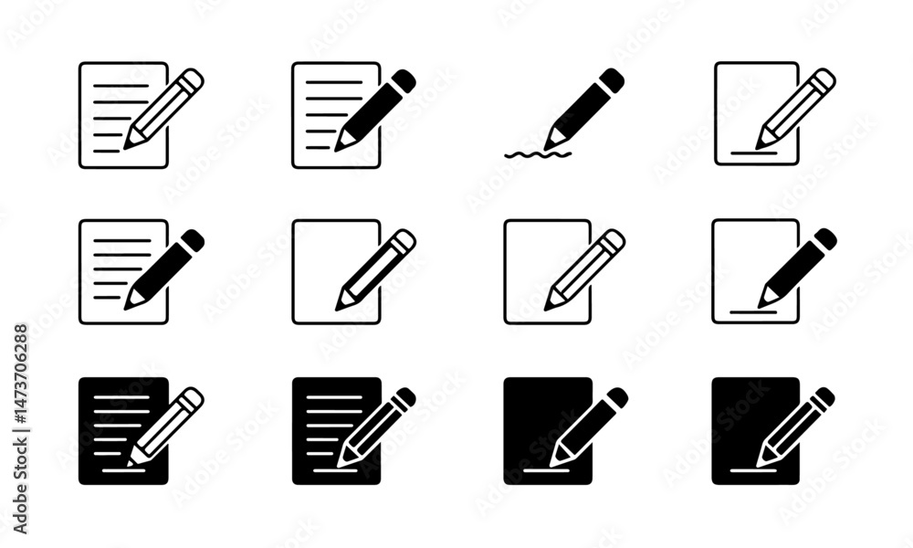 Poster black edit document icons set representing editing documents, featuring pencils interacting with pap