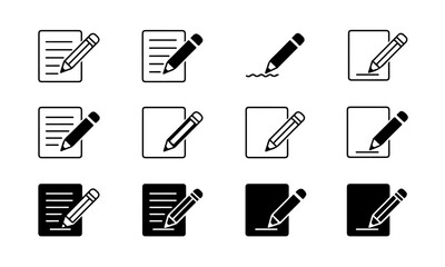  Black Edit Document Icons Set representing editing documents, featuring pencils interacting with paper in various styles (outline and solid