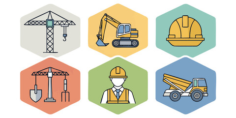 Flat Geometric Style Vector Icons of Construction Equipment: Crane, Bulldozer, Excavator, Cement Mixer, and More