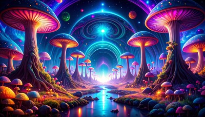 Dreamy psychedelic mushroom landscape with glowing planets and cosmic arches fantasy art
