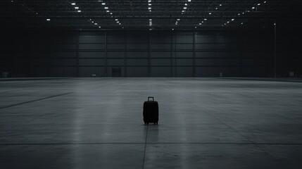 A black suitcase stands alone in a large warehouse.
