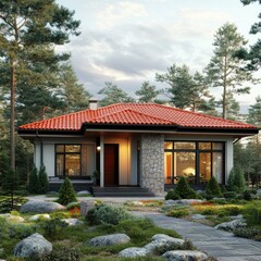 Modern house nestled in a pine forest.  Stone accents and a red-tiled roof