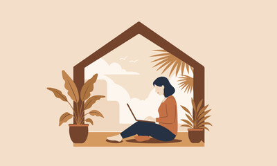  Woman Working on Laptop Indoors with Plants and View