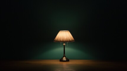 A lamp with a beige shade sits on a wooden table against a dark green wall.