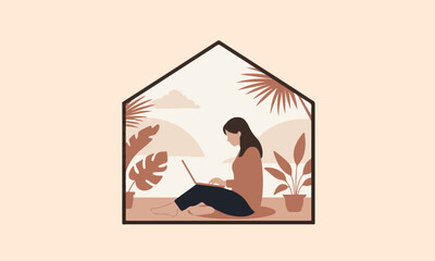  Woman Working on Laptop Indoors with Plants and View