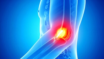 Elbow joint inflammation and pain illustration, highlighting potential arthritis, injury, or bursitis in the human arm
