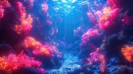 Fototapeta premium A bioluminescent underwater scene with glowing coral reefs and strange, ethereal creatures swimming in the deep The colors are vibrant and otherworldly