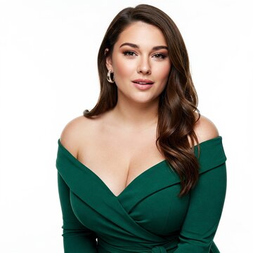 Elegant Woman in Green Off-Shoulder Dress - Studio Portrait