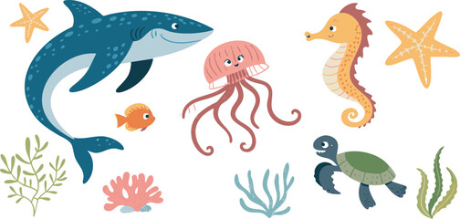 Flat Vector Icons of Ocean Creatures: Vibrant, Minimalist Designs of Marine Life on White Background.