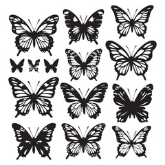 set of black various butterfly vector silhouettes isolated on white background
