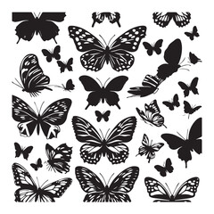 set of black various butterfly vector silhouettes isolated on white background