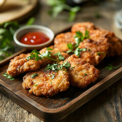 Fototapeta premium Crunchy fried chicken with golden brown breading and succulent meat plated on a wood board garnished with fresh herbs and served with dipping sauce on a rustic wooden table