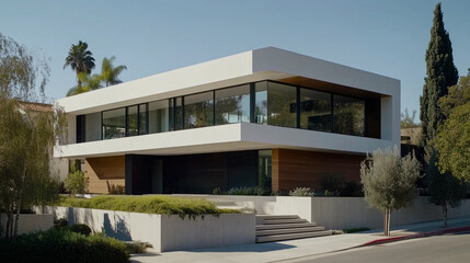 Fototapeta premium Modern suburban home with clean lines, bathed in soft daylight. Minimalist elegance in a quiet neighborhood setting.