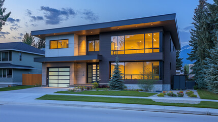 Modern suburban home with clean lines, bathed in soft daylight. Minimalist elegance in a quiet neighborhood setting.