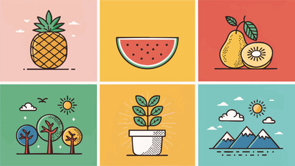 Minimalist 2D Icons of Everyday Life with Bold, Vibrant Illustrations of Fruits, Objects, and Nature