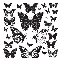 set of black various butterfly vector silhouettes isolated on white background