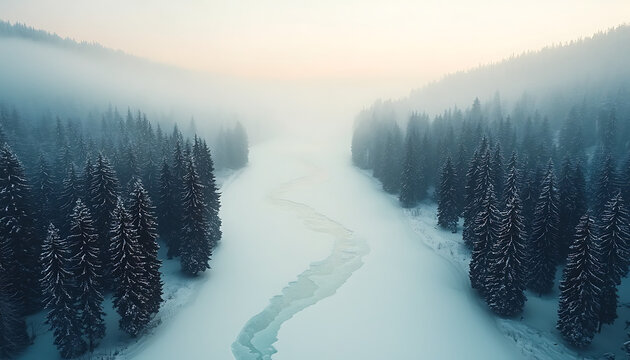Frozen River with Misty Winter Forest. - Powered by Adobe
