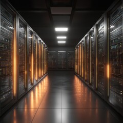 Naklejka premium Dimly lit data center with glowing servers, representing the backbone of modern computing infrastructure.