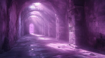 Naklejka premium Amethyst light emanates from a hidden source, casting long shadows across an empty chamber, a feeling of mystery and the presence of something unseen