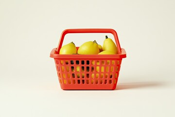 Red basket filled with yellow pears