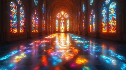 Amethyst light filters through stained glass, casting colorful patterns on the floor and walls of a cathedral or church, creating a spiritual ambiance