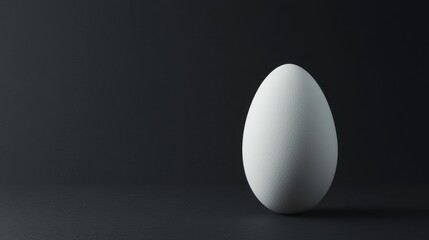 A single white egg stands alone against a black background.