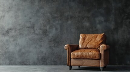 Brown leather armchair near a gray wall