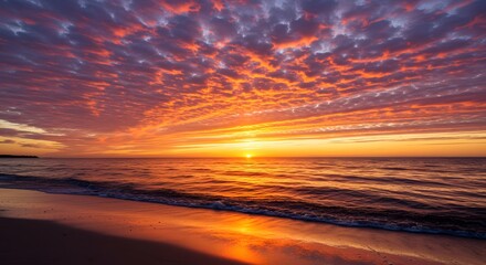 Obraz premium Beach scenes. Tranquil beach scene with a radiant sunrise casting warm light on the waves, perfect for wellness blogs, digital backdrops, or holiday promos.