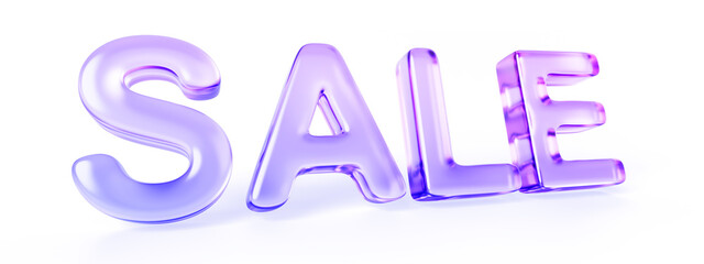 Fototapeta premium 3d glass morphism holographic sale word render. Crystal letter promotion element for discount banner in shop. Isolated purple gradient text for advertising, black friday price offer. 3D illustration