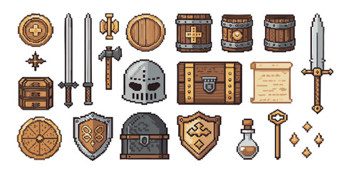 Pixel Art Medieval Fantasy Items Pack – Swords, Shields, Potions, Maps, Armor, Scrolls & More