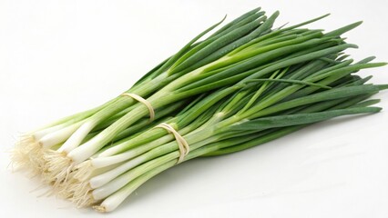 Fresh green onions arranged neatly on a white background for culinary use and healthy recipes